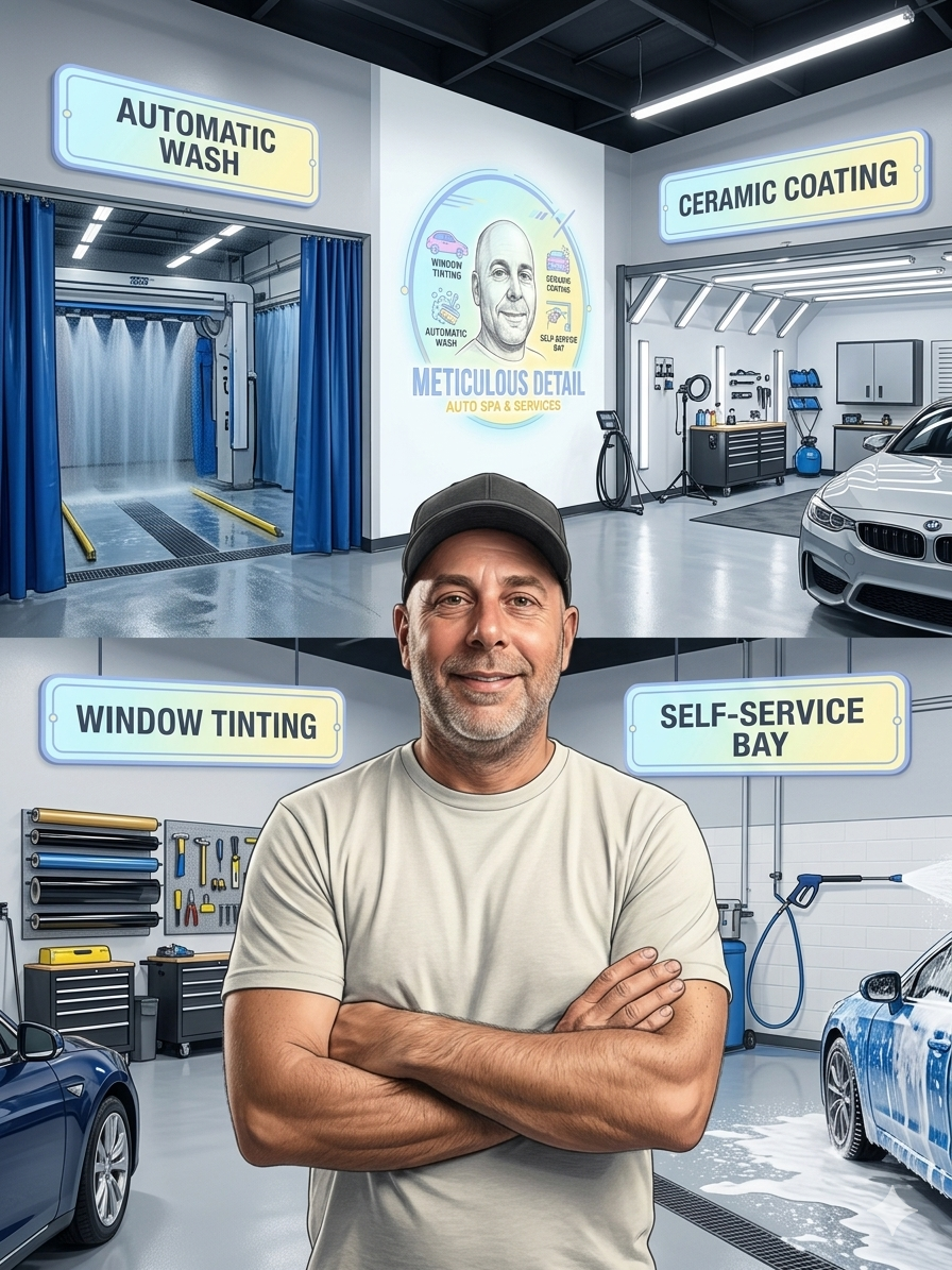 Meticulous Detail owner in front of the Lutz FL shop showing automatic wash, ceramic coating, window tinting, and self-service bays